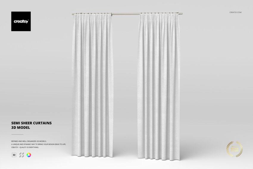 Front view of semi sheer curtains in light gray, hanging from a metal rod against a plain white background.