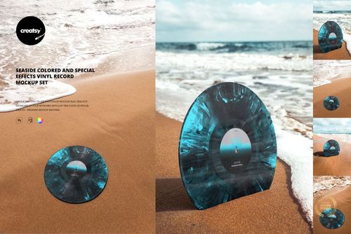 Seaside-themed vinyl record mockup featuring a blue and black swirl pattern on sand next to gentle beach waves.