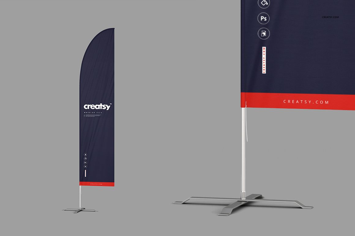 Outdoor flags mockup featuring a navy blue teardrop flag and a rectangular flag with red accents on gray backdrop.