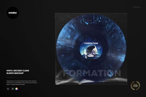 Vinyl record clear sleeve mockup featuring a blue patterned disc and visible label, presented against a dark backdrop.