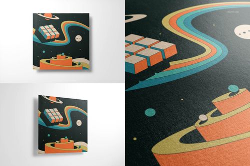 Canvas wall art mockup set showing a square canvas with retro geometric artwork, front and close-up views.