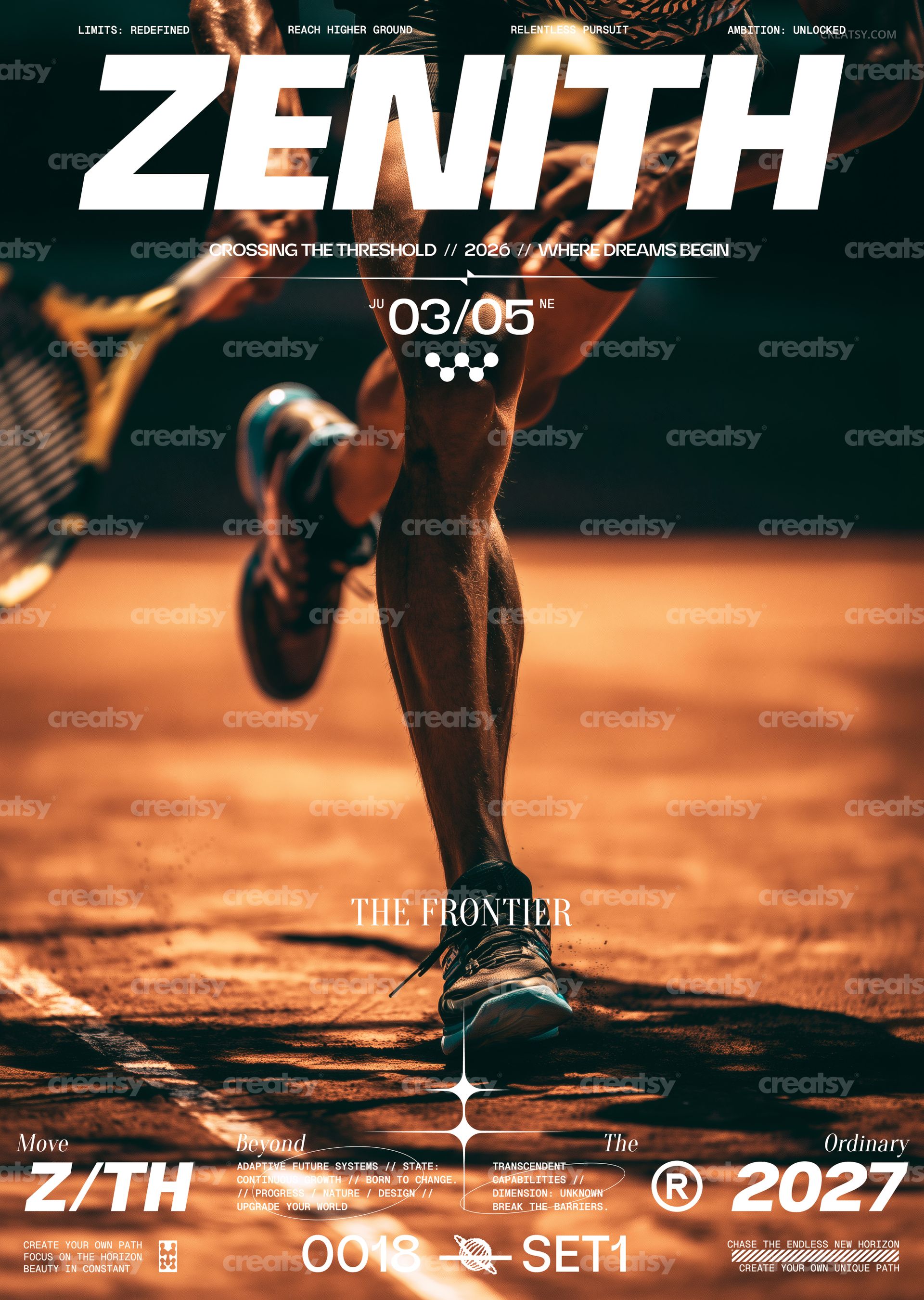 Poster mockup featuring a close-up of a runner’s legs in motion on a track, with bold text and warm lighting.
