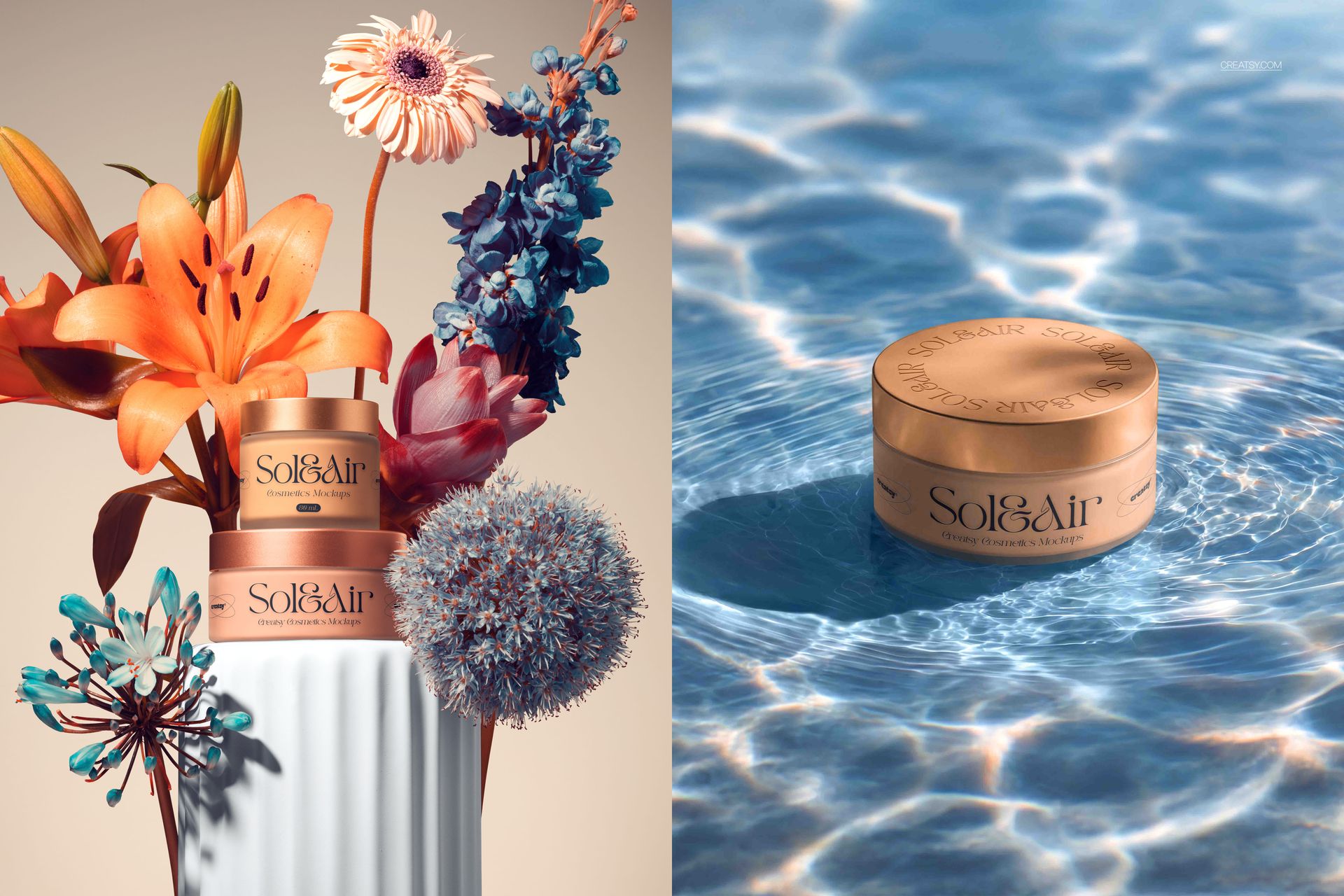 Cosmetics packaging mockup featuring a copper jar surrounded by vibrant flowers and floating in a blue pool.