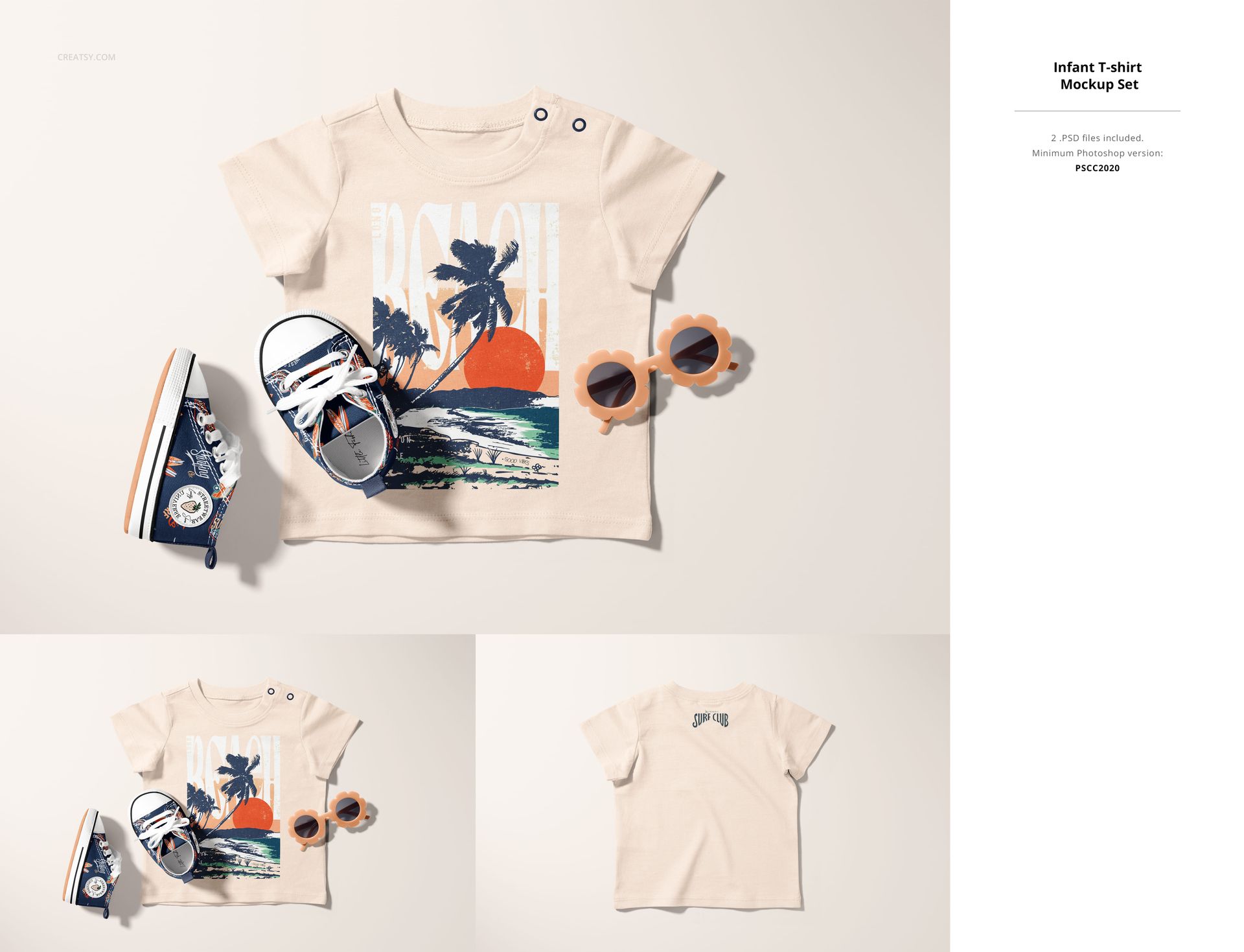 Infant t-shirt mockup set featuring a beige shirt with a tropical print, matching shoes, and sunglasses, displayed on a light background.