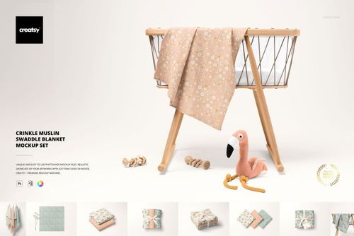 Floral-patterned muslin swaddle blanket mockup displayed on a modern wooden crib, accompanied by a plush flamingo toy.