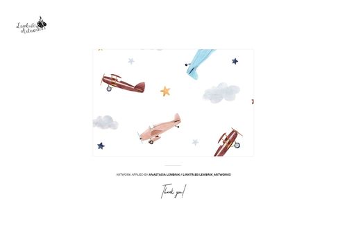 Pattern featuring vintage airplanes in muted red and blue tones, scattered stars and clouds on a white background.