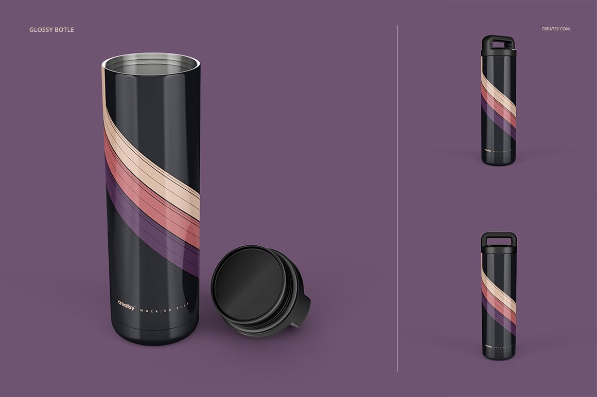 Front view of a double wall vacuum tumbler mockup featuring a dark body and wavy pastel stripes, lid placed beside it.