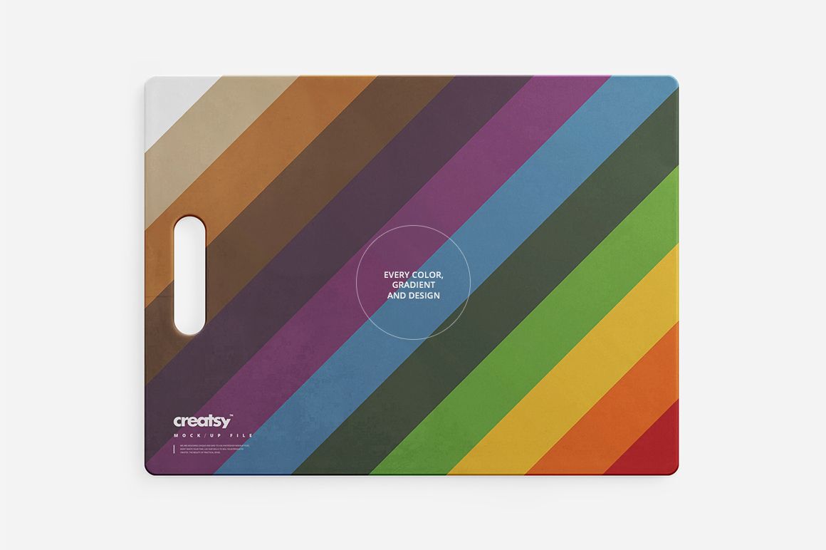 Top view of a colorful cutting board mockup featuring diagonal multicolored stripes and a handle on the left.