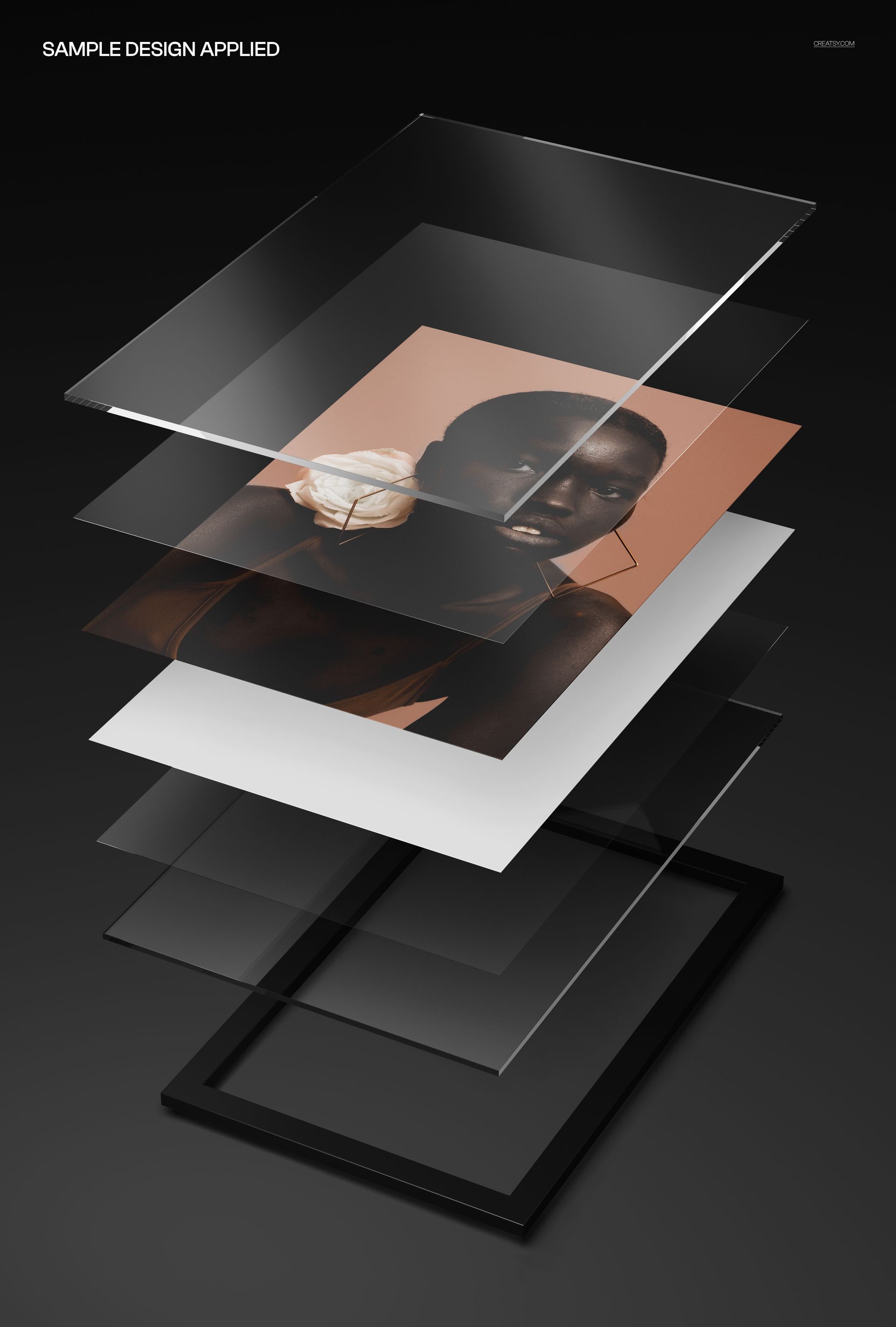 Exploded view of an acrylic photo print mockup showing multiple transparent layers and a portrait design.