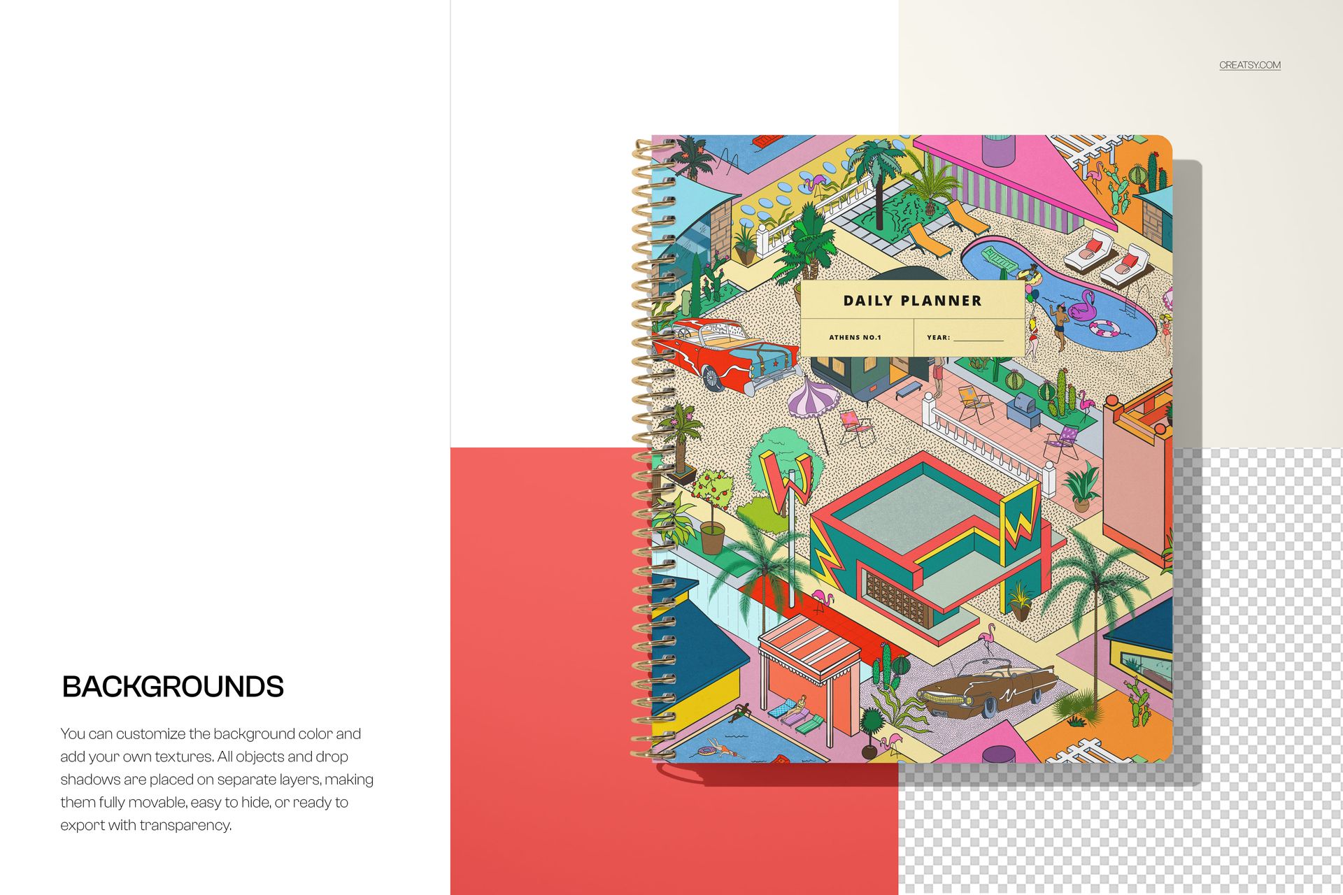 Tabbed planner mockup featuring a vibrant cityscape design on the cover, displayed flat against red and white surfaces.