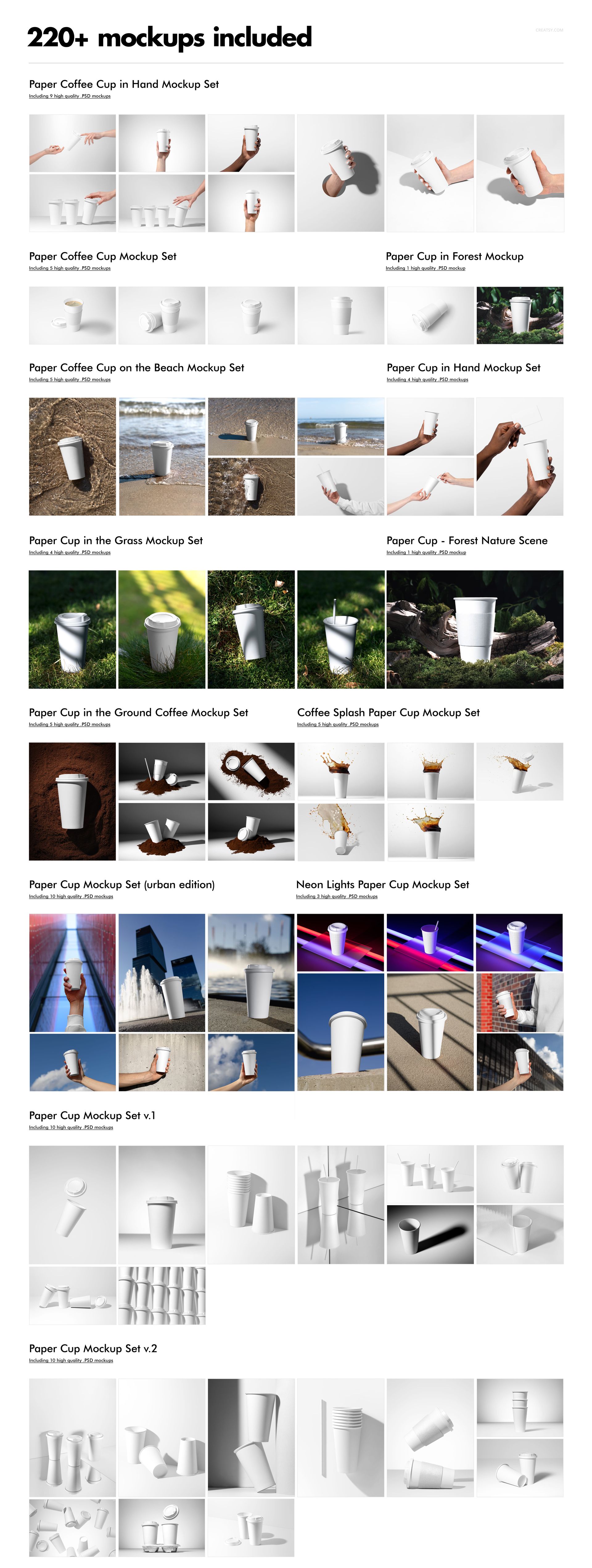 Various paper cup mockups displayed in different settings, including hands, tables, outdoor scenes, and studio backgrounds.