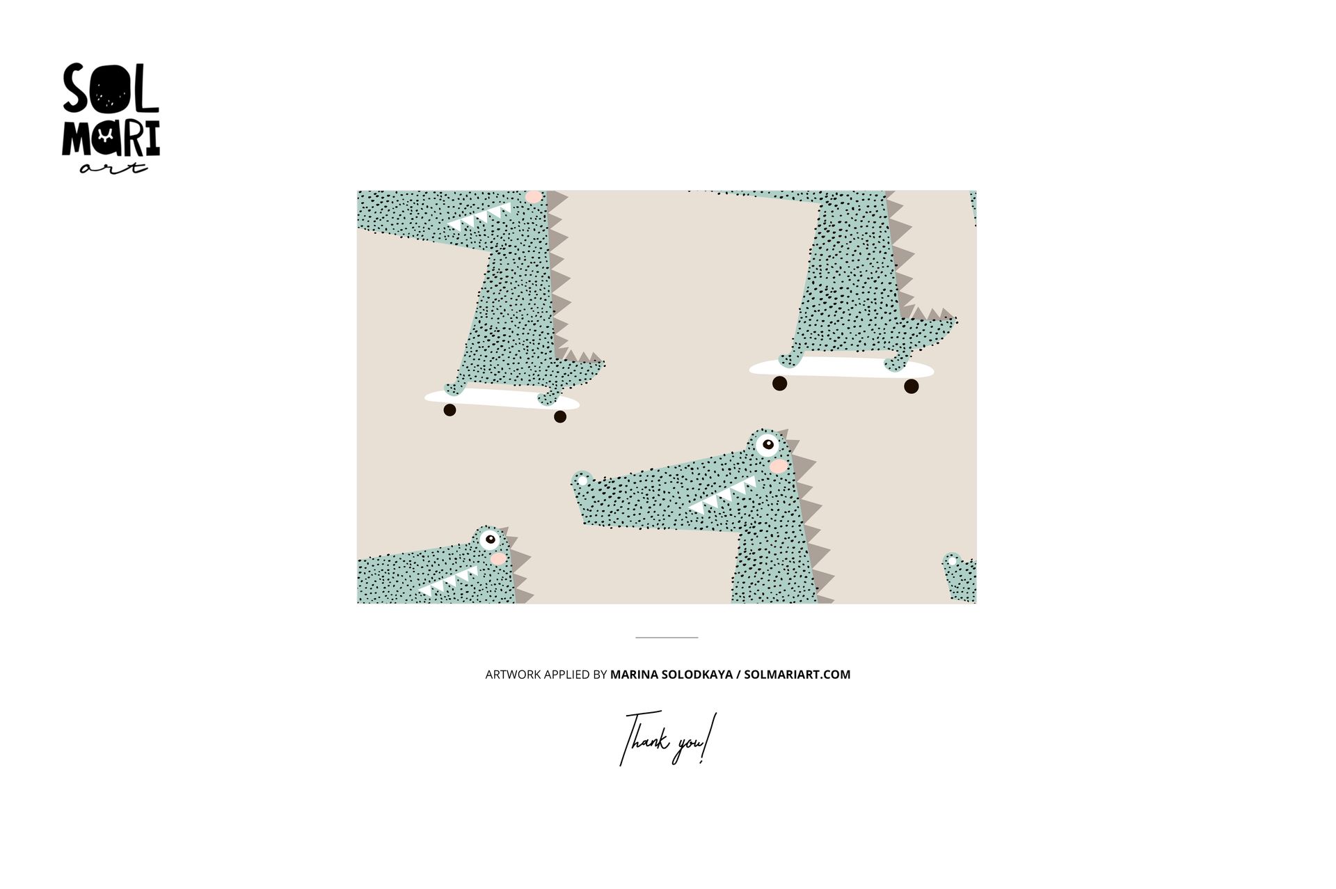 Mockup pattern with cartoon crocodiles and skateboards in green and white tones, set against a neutral beige surface.