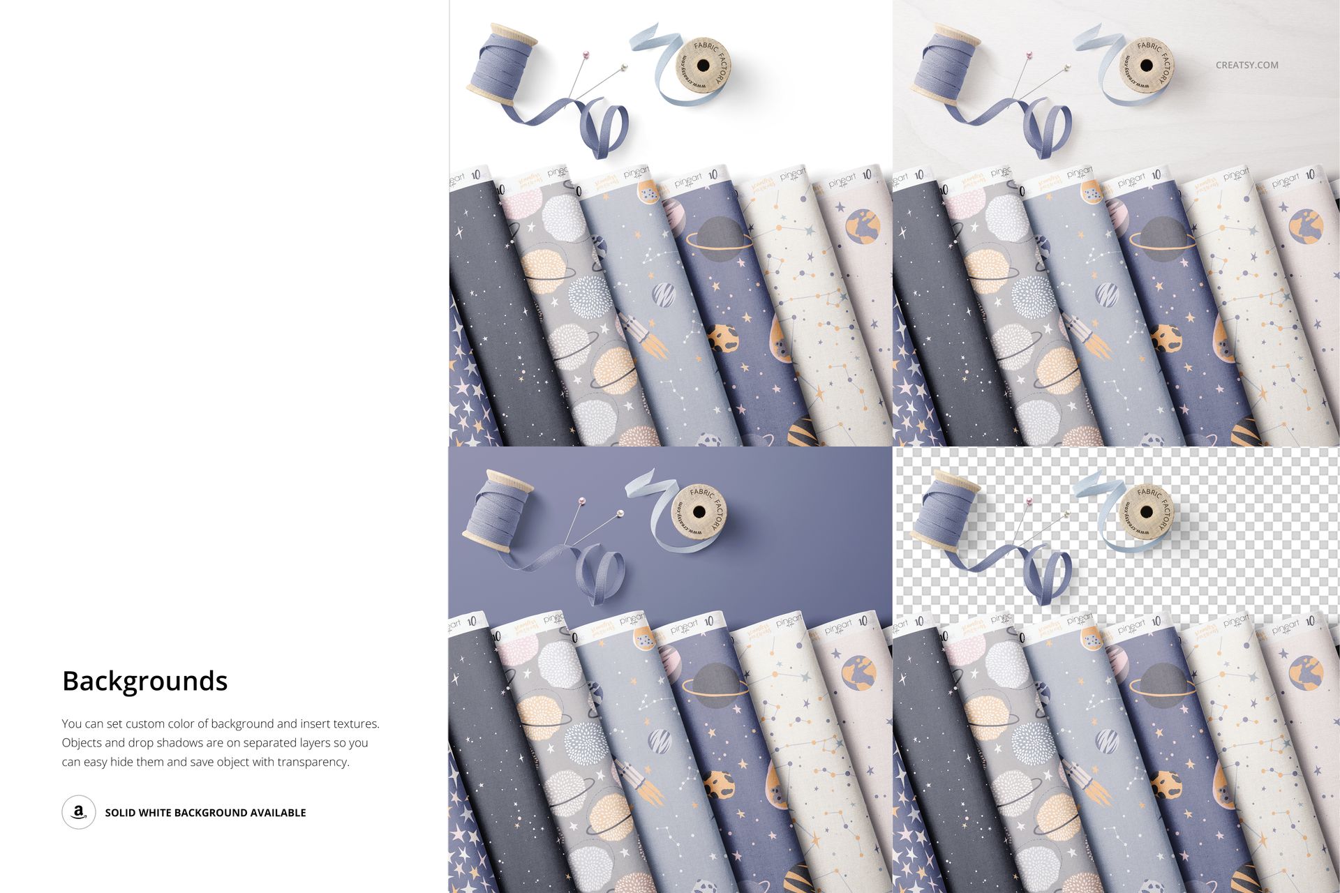 Folded fabric mockup set featuring multiple patterned textiles in pastel colors, shown from a top view with sewing props.