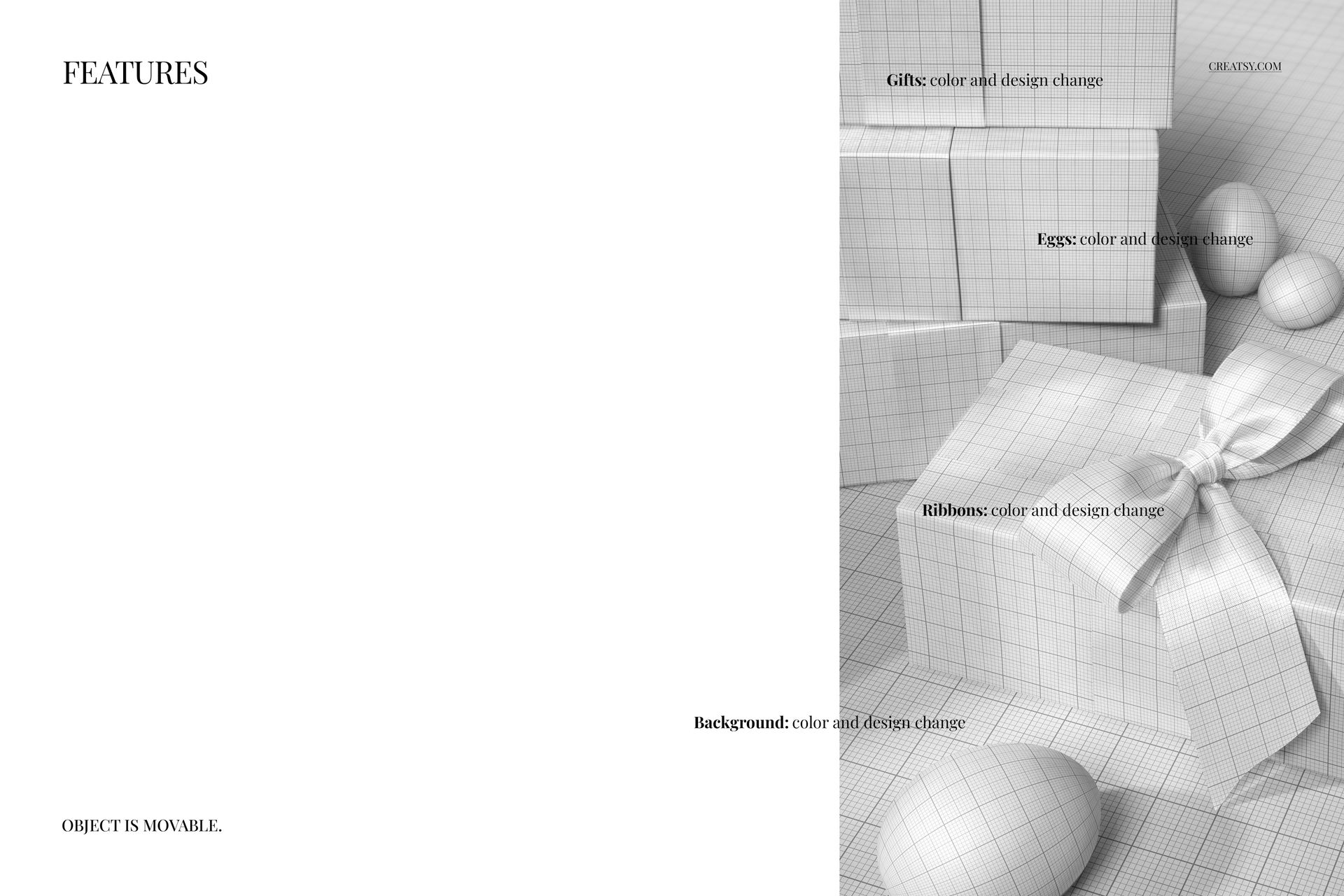 Front view of Easter-themed PSD mockup featuring gift boxes and eggs with grid patterns and ribbons.