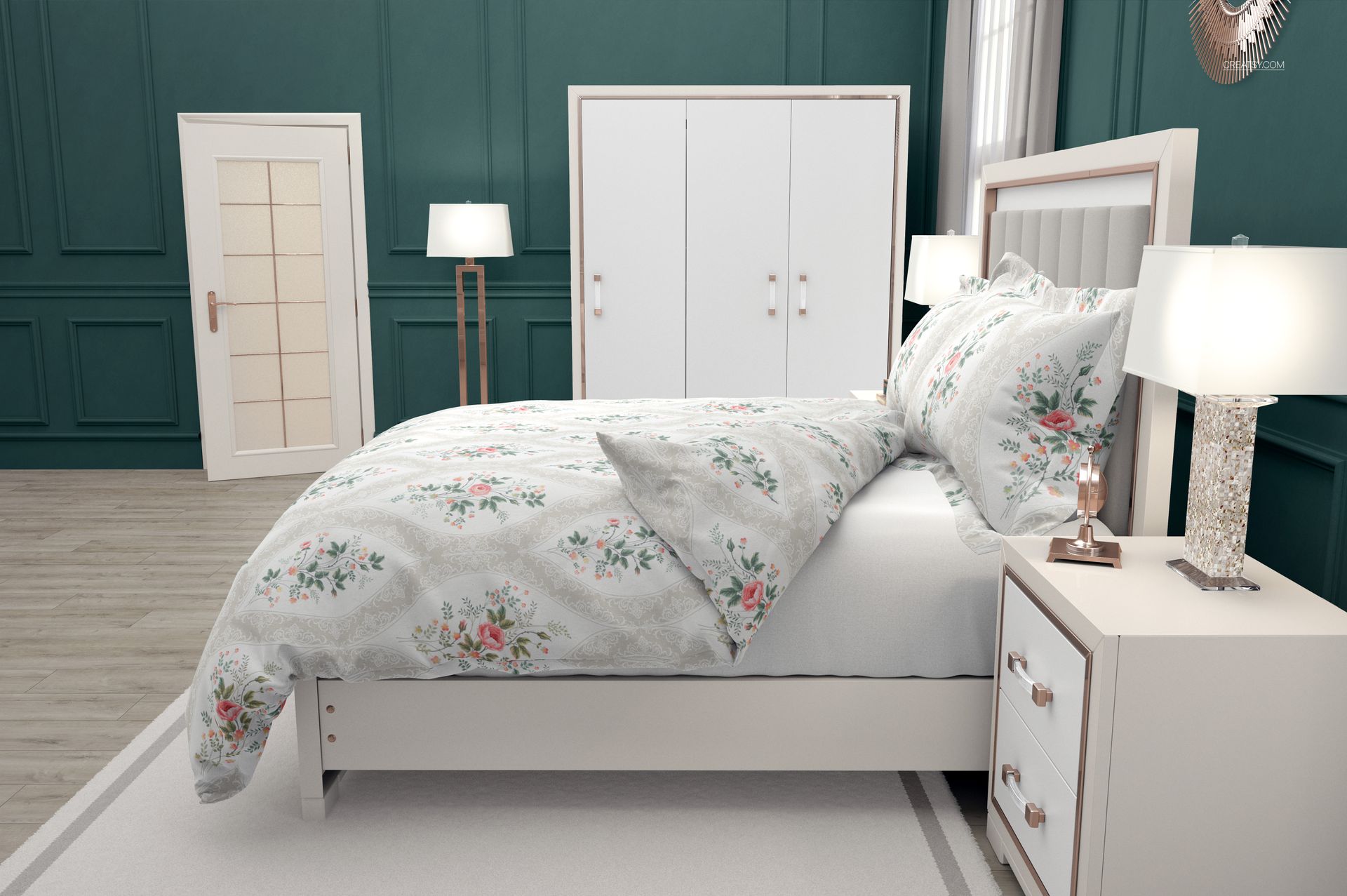 Luxury bedroom mockup featuring a white bed with patterned duvet, flanged pillows, and elegant decor elements.
