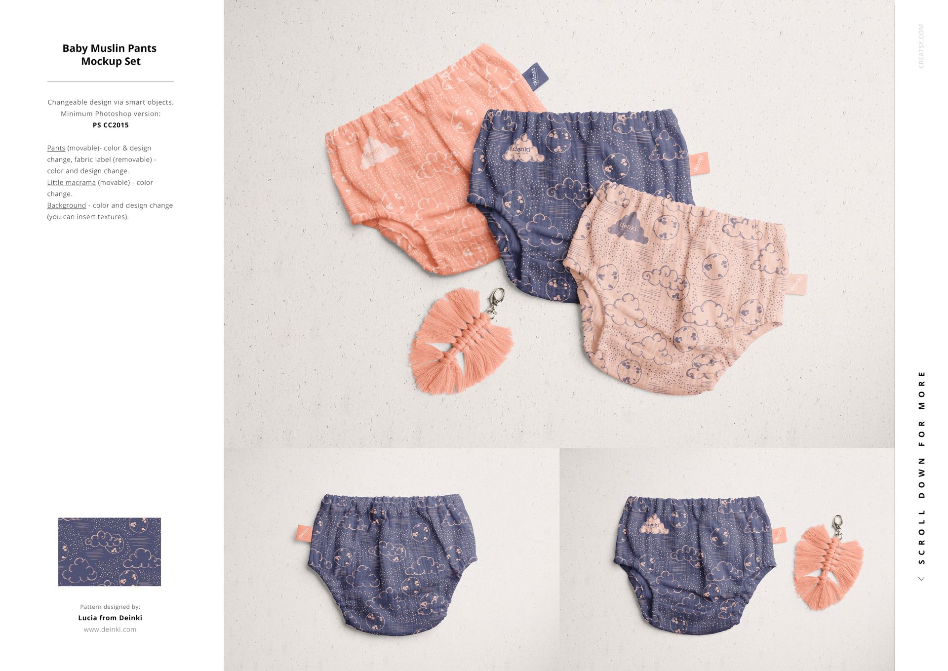 Flat lay of baby muslin pants mockup set in pink and blue, featuring whimsical cloud and moon designs, next to a tassel keychain.