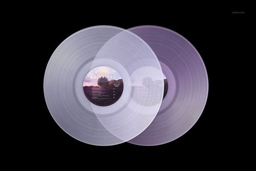 Translucent colored vinyl record mockup showing a pair of overlapping discs with scenic labels on a dark backdrop.