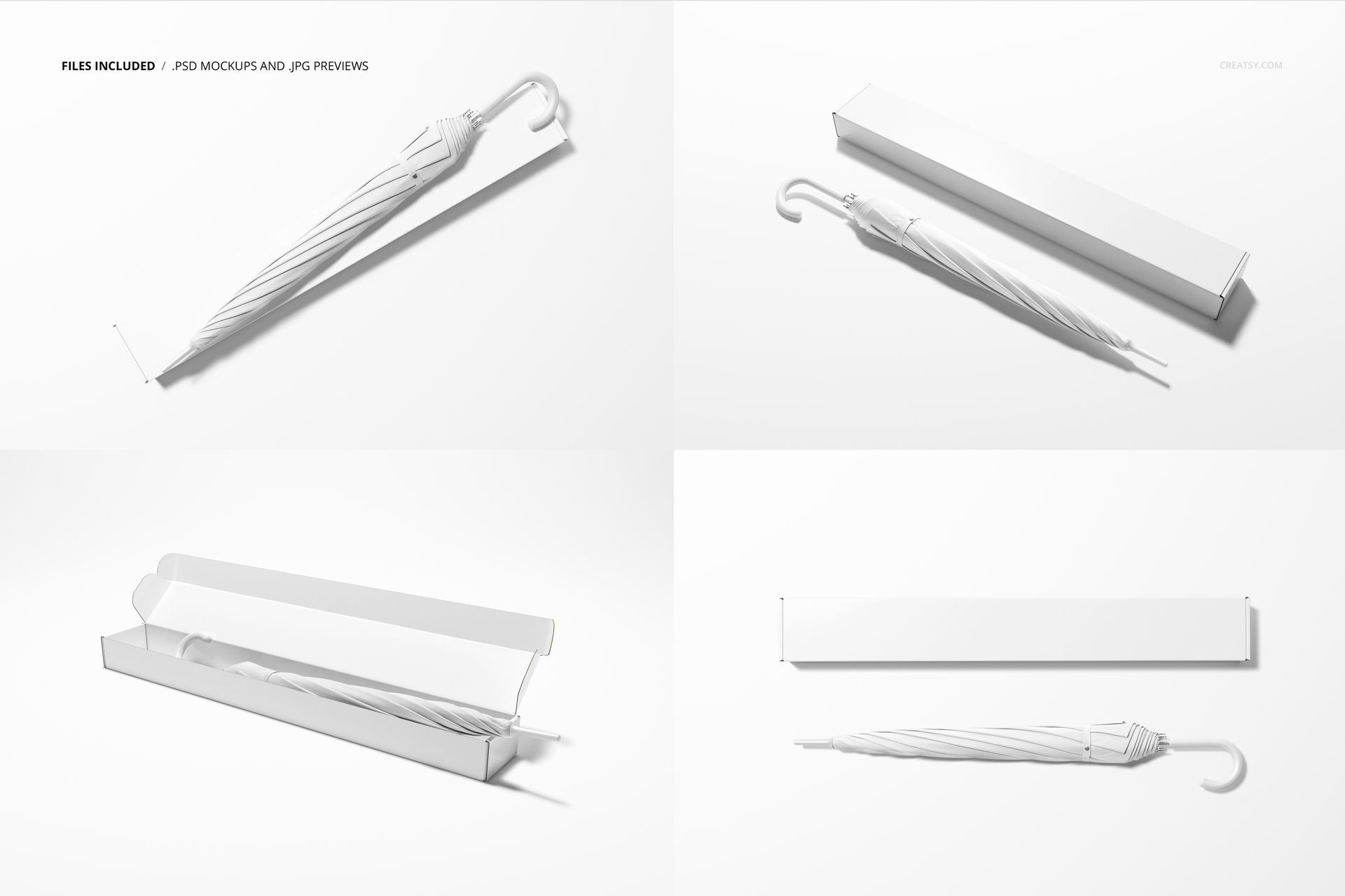 White umbrella and rectangular packaging box shown from multiple angles on a clean white background in a mockup set.