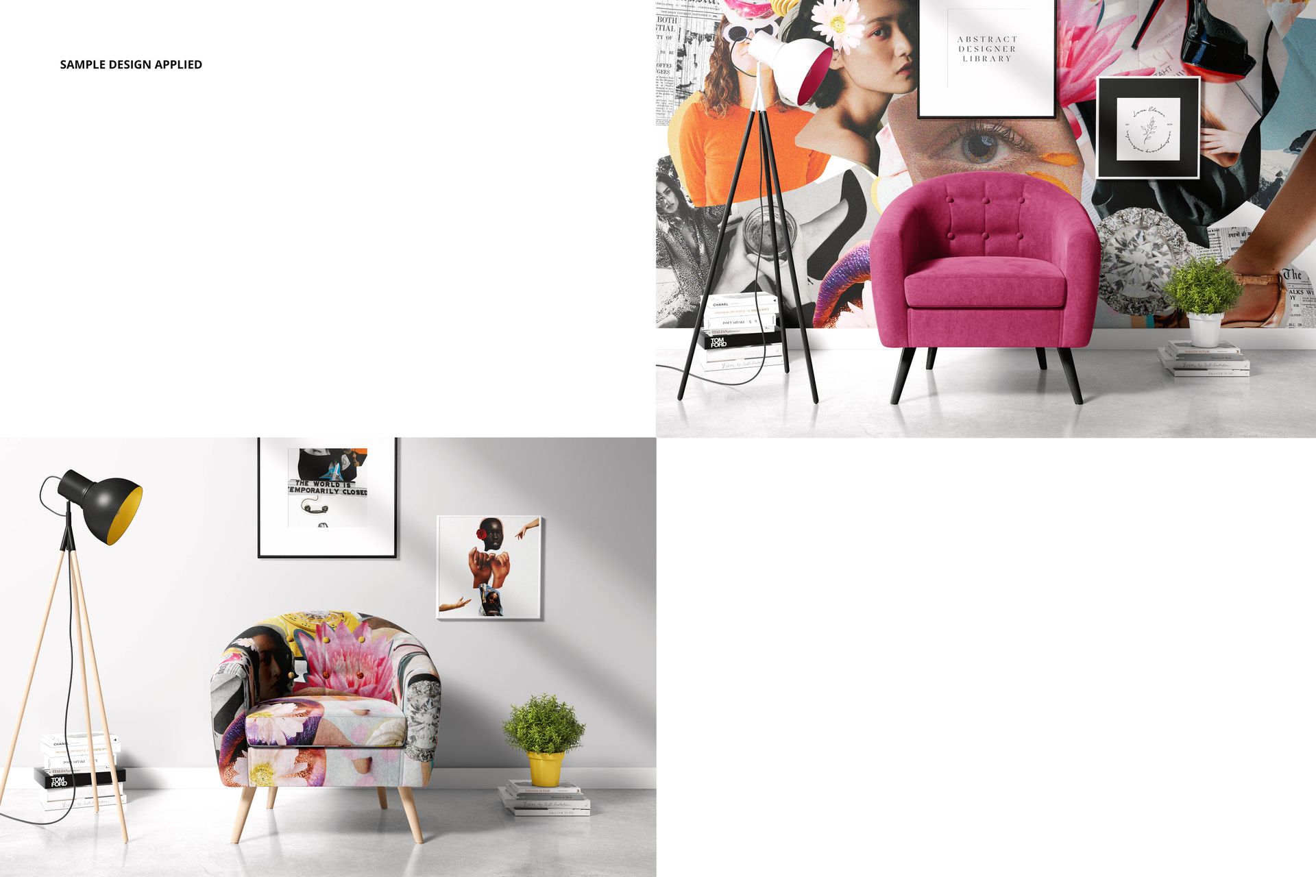 PSD mockup of a home living space featuring patterned and solid armchairs, wall decor, and minimalist props.