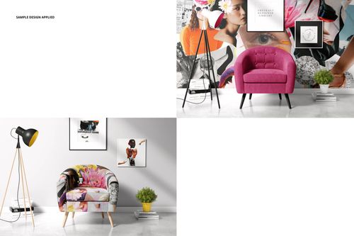 PSD mockup of a home living space featuring patterned and solid armchairs, wall decor, and minimalist props.