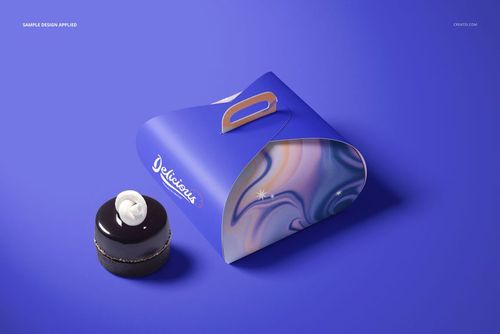 Curved cake box mockup featuring a blue design with swirls, shown from an angled front perspective on a purple background.