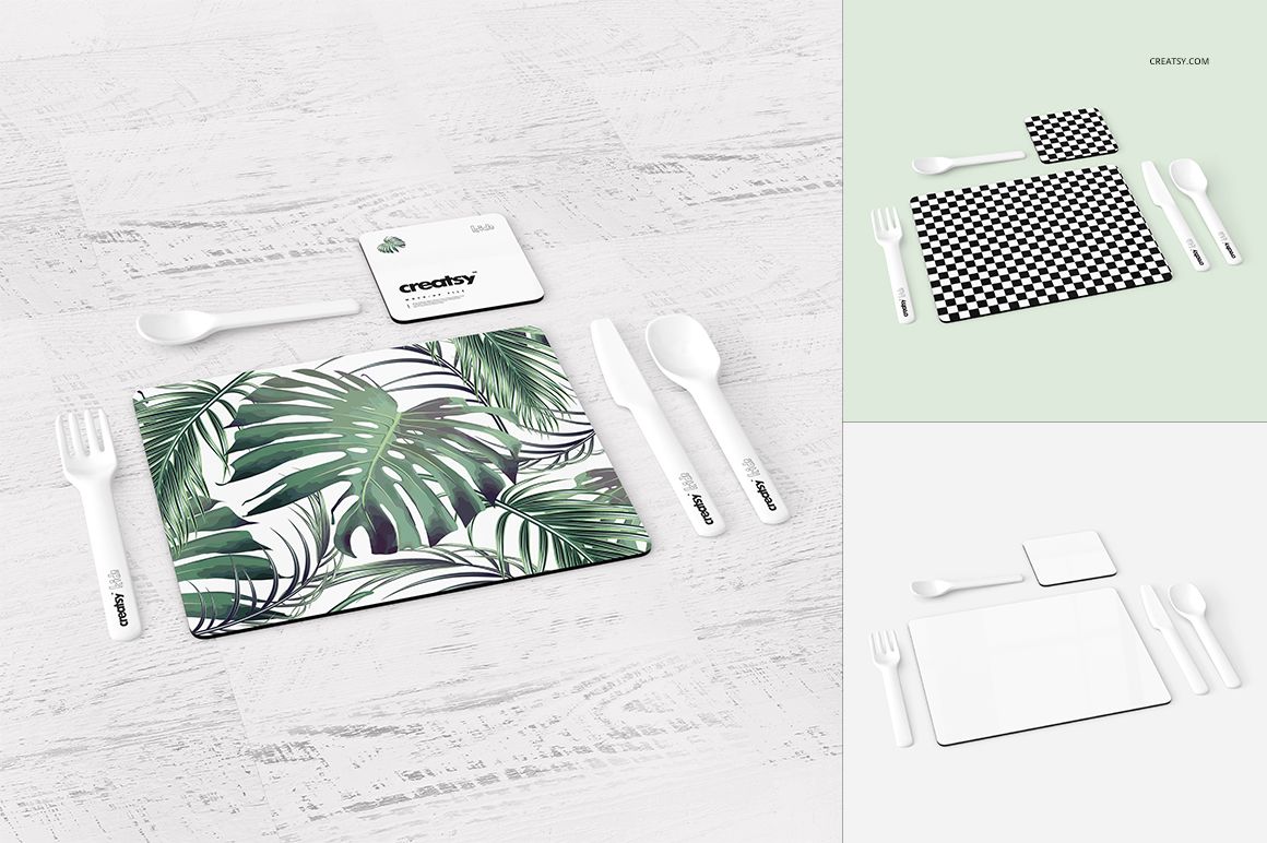 Placemat and coaster set mockup featuring a leafy green pattern, shown with white cutlery on a light wood surface.