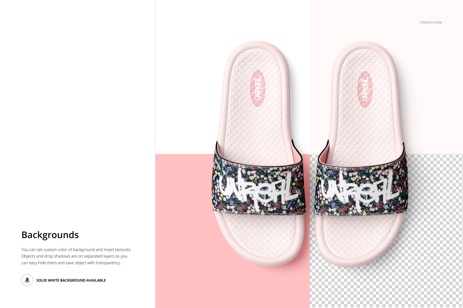 Slide sandals PSD mockup featuring a symmetrical pair with graphic straps, displayed on white, pink, and transparent sections.
