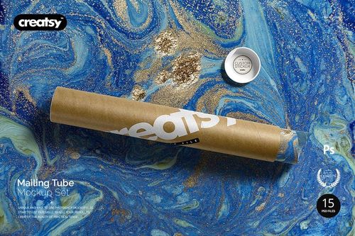 Mailing tube mockup displayed on a swirling blue and gold background, featuring a removable cap and side label.