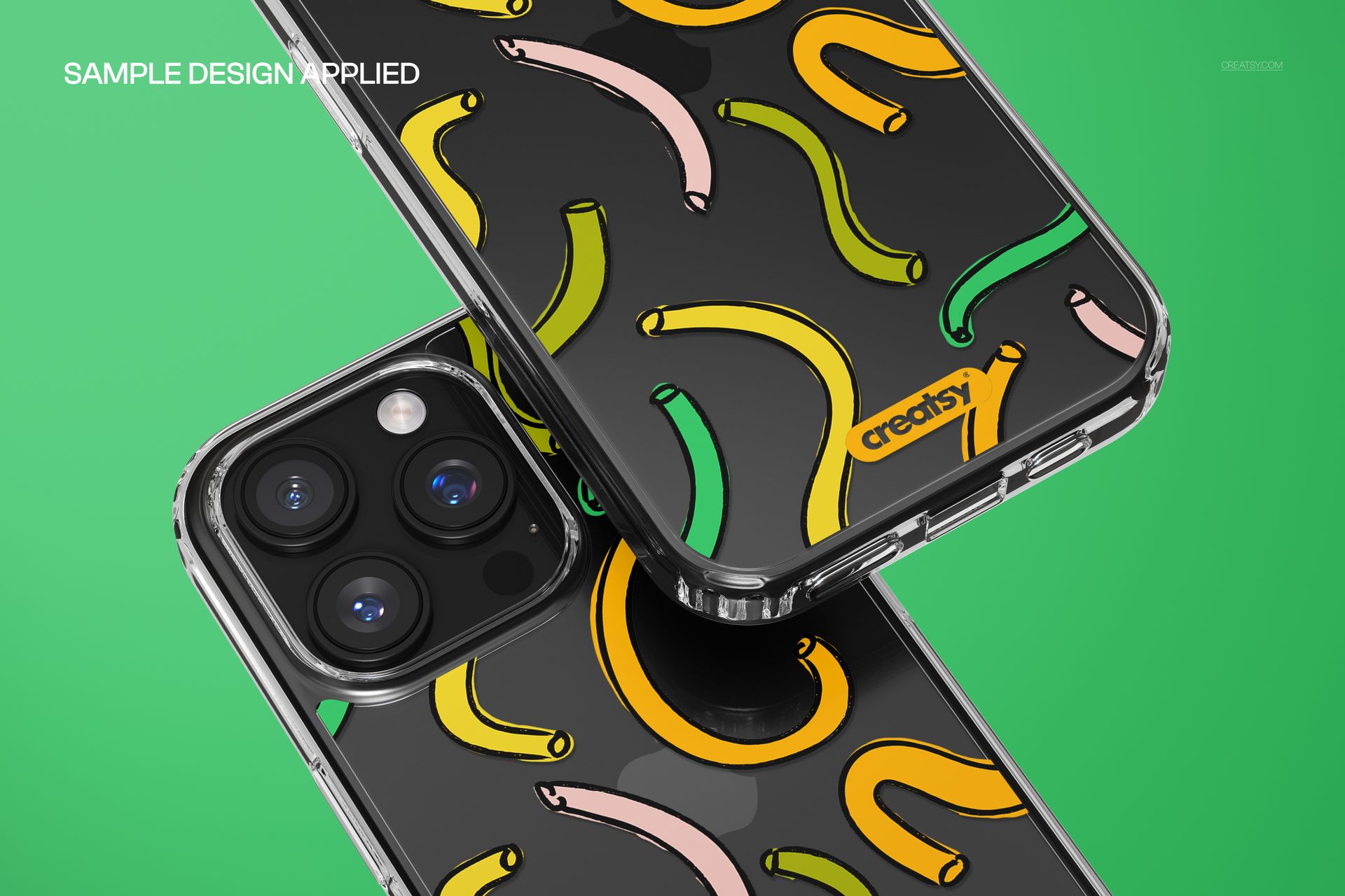 Clear phone case mockup for iPhone 16 Pro Max featuring abstract colorful curved shapes on a black background.
