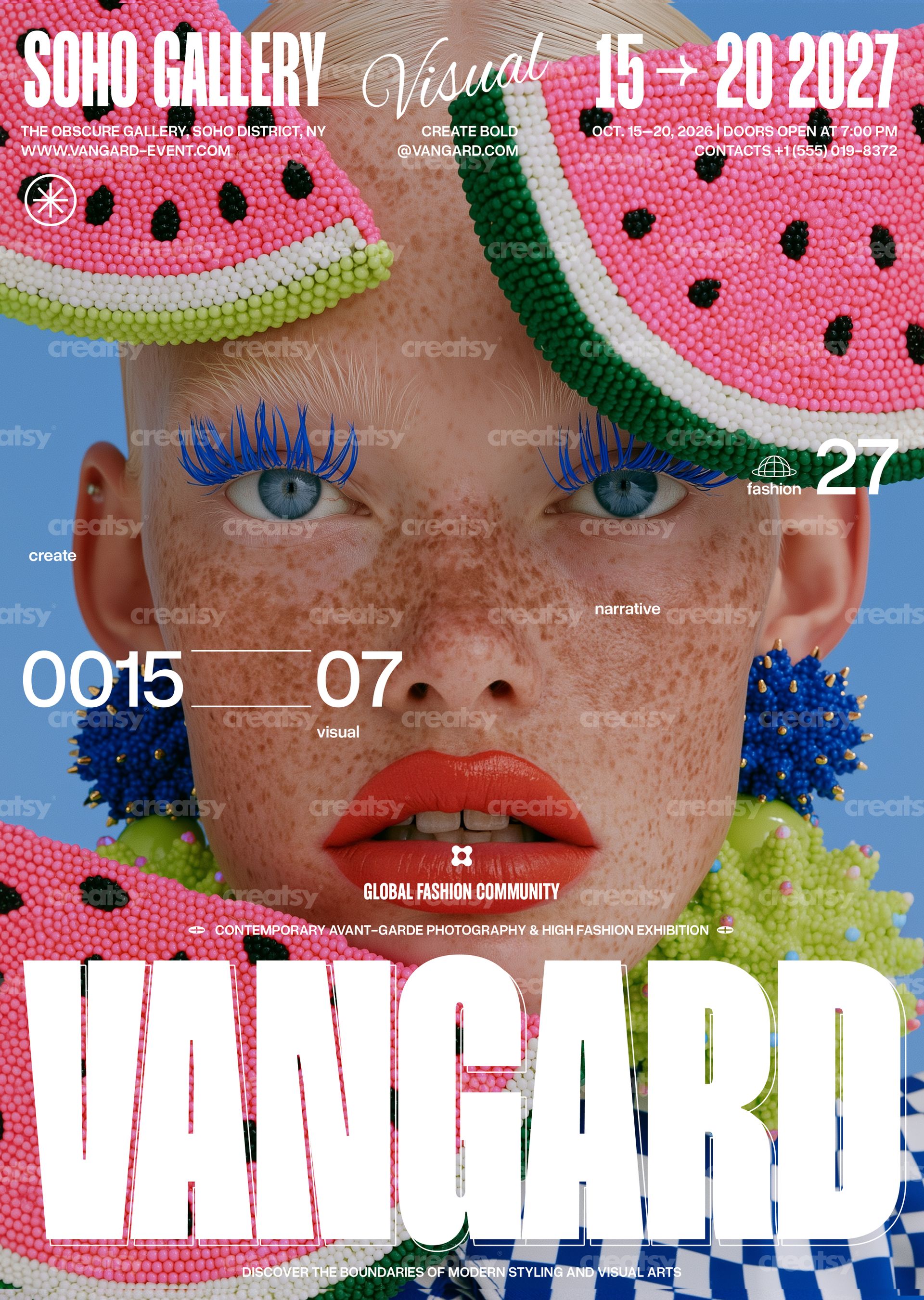 Front view of a poster mockup featuring a model with bold makeup and watermelon-themed accessories on a blue background.
