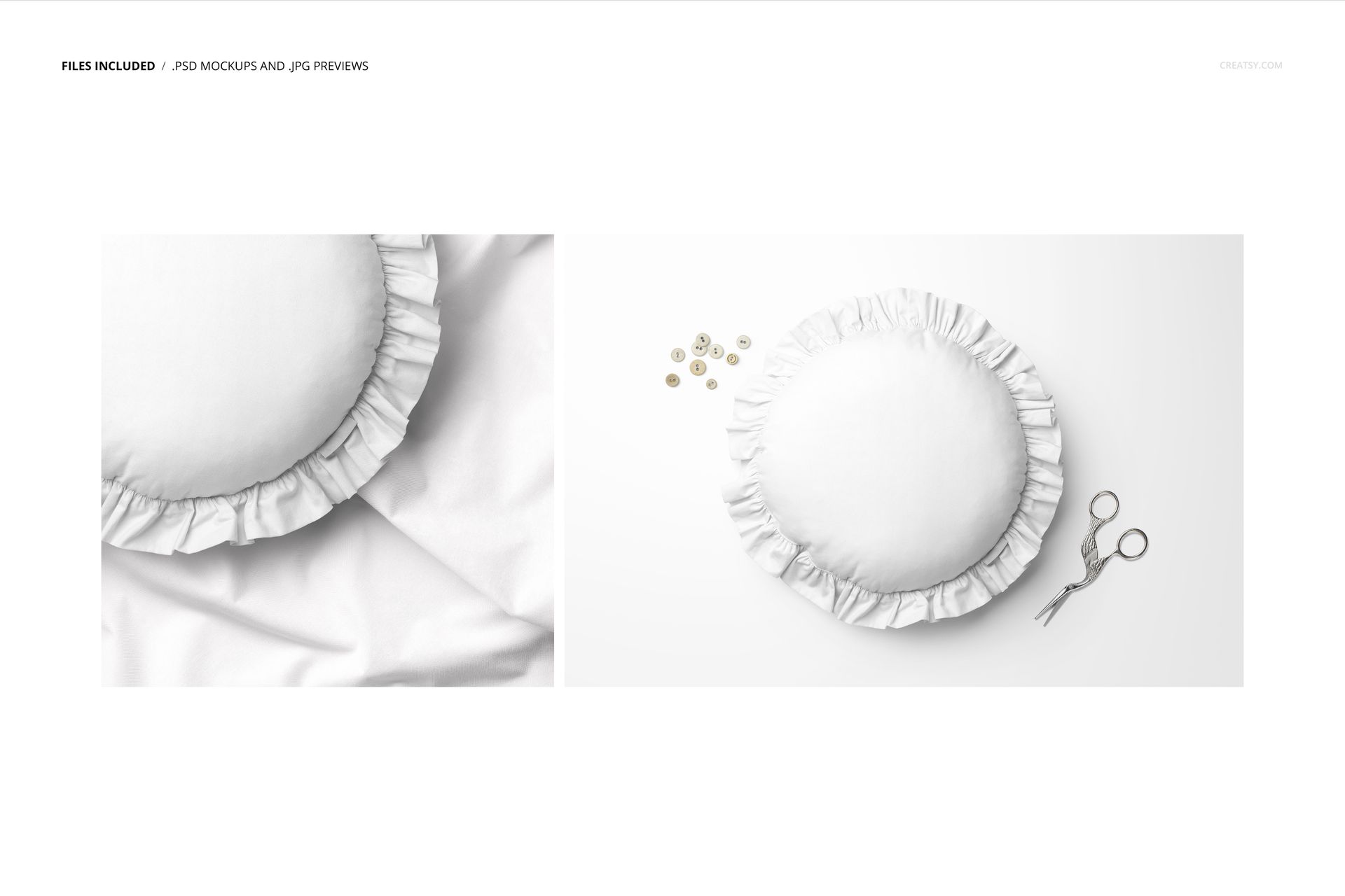 White circular pillow with ruffled edges, featured in a PSD mockup set with minimal props and clean background.