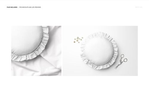 White circular pillow with ruffled edges, featured in a PSD mockup set with minimal props and clean background.