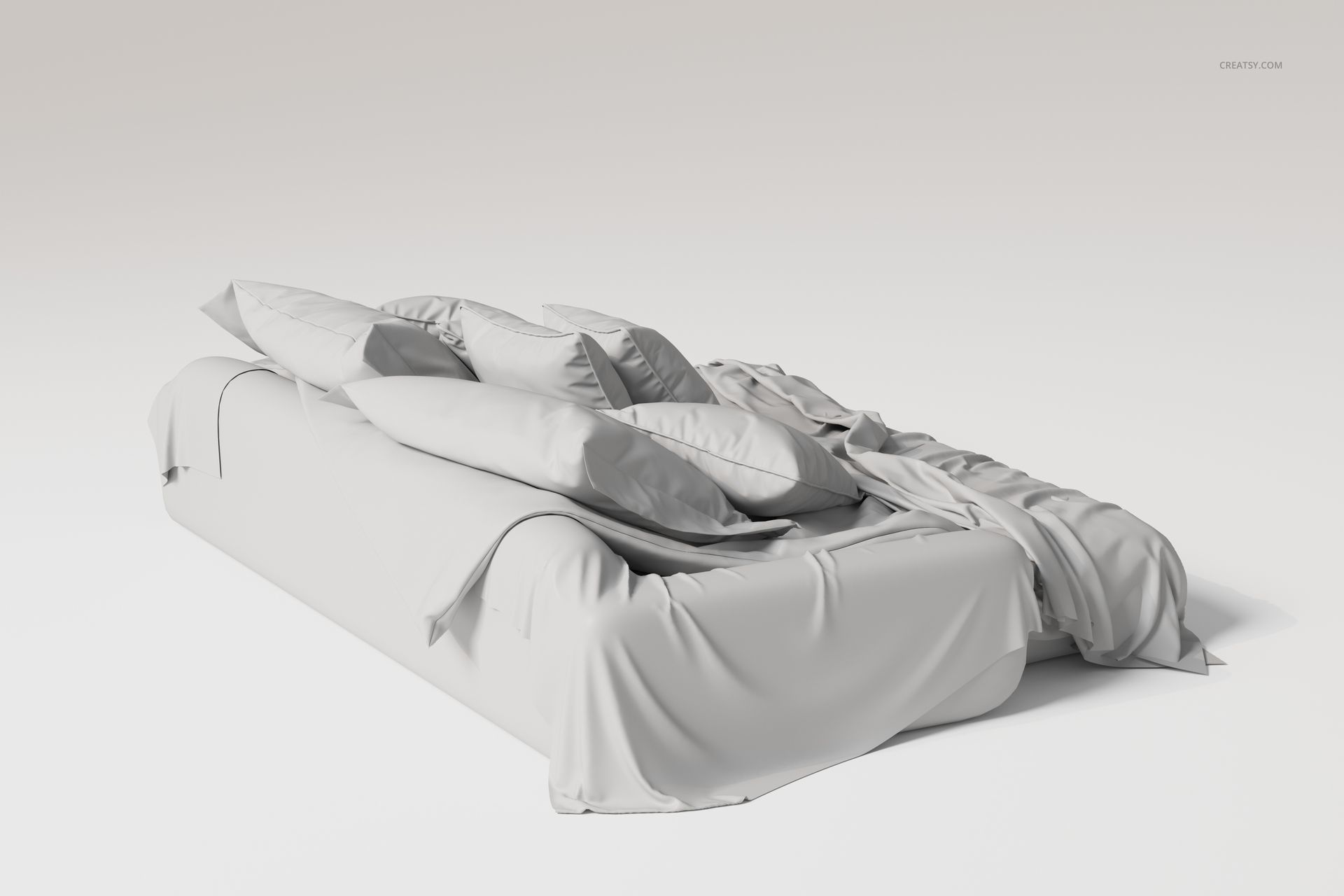 Luxury bedding set featuring multiple pillows and a draped blanket in solid light gray, shown from a front angle.