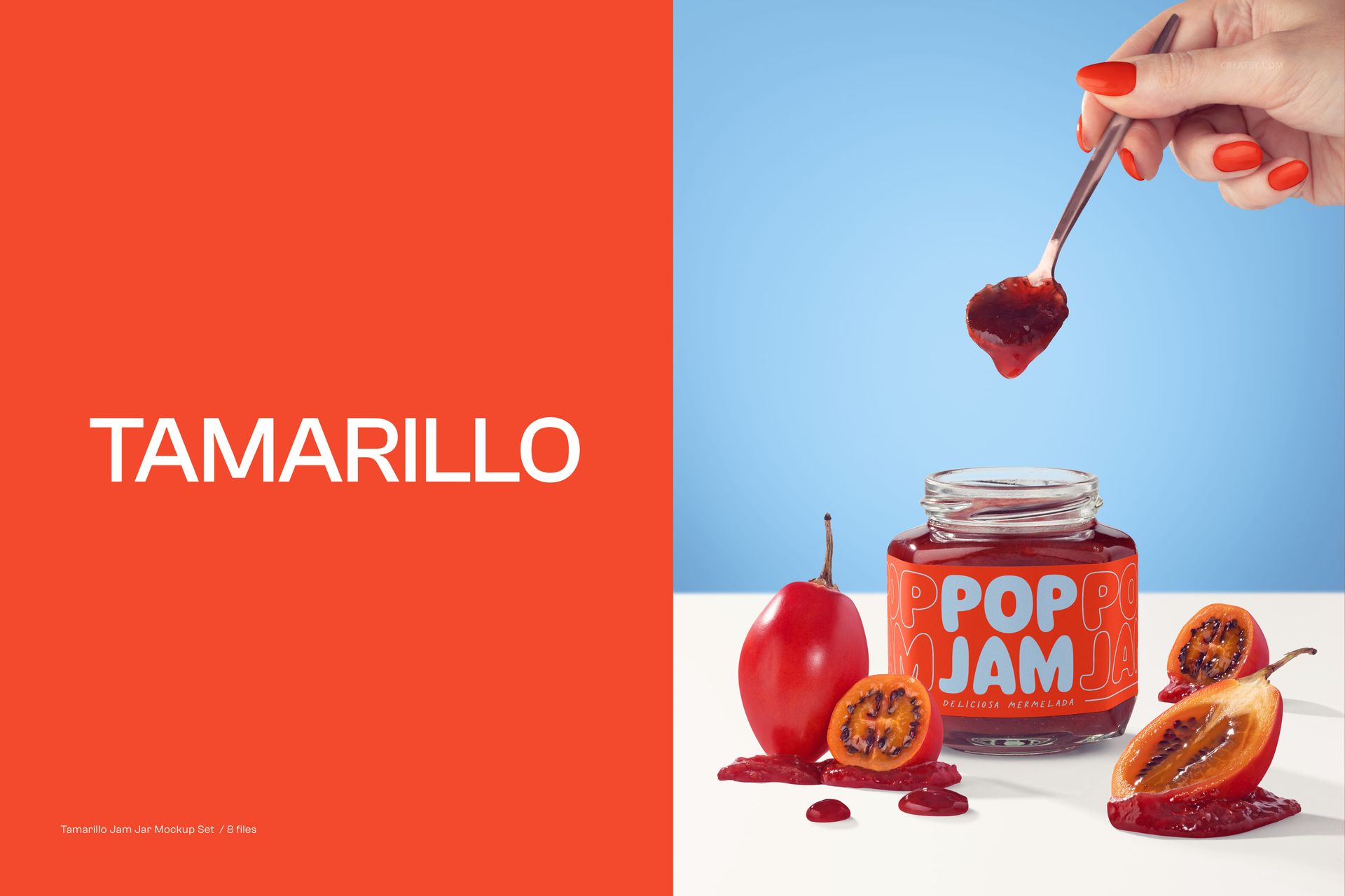 PSD mockup featuring an open jam jar, tamarillo fruit halves, spilled jam, and a hand holding a spoon against a blue backdrop.
