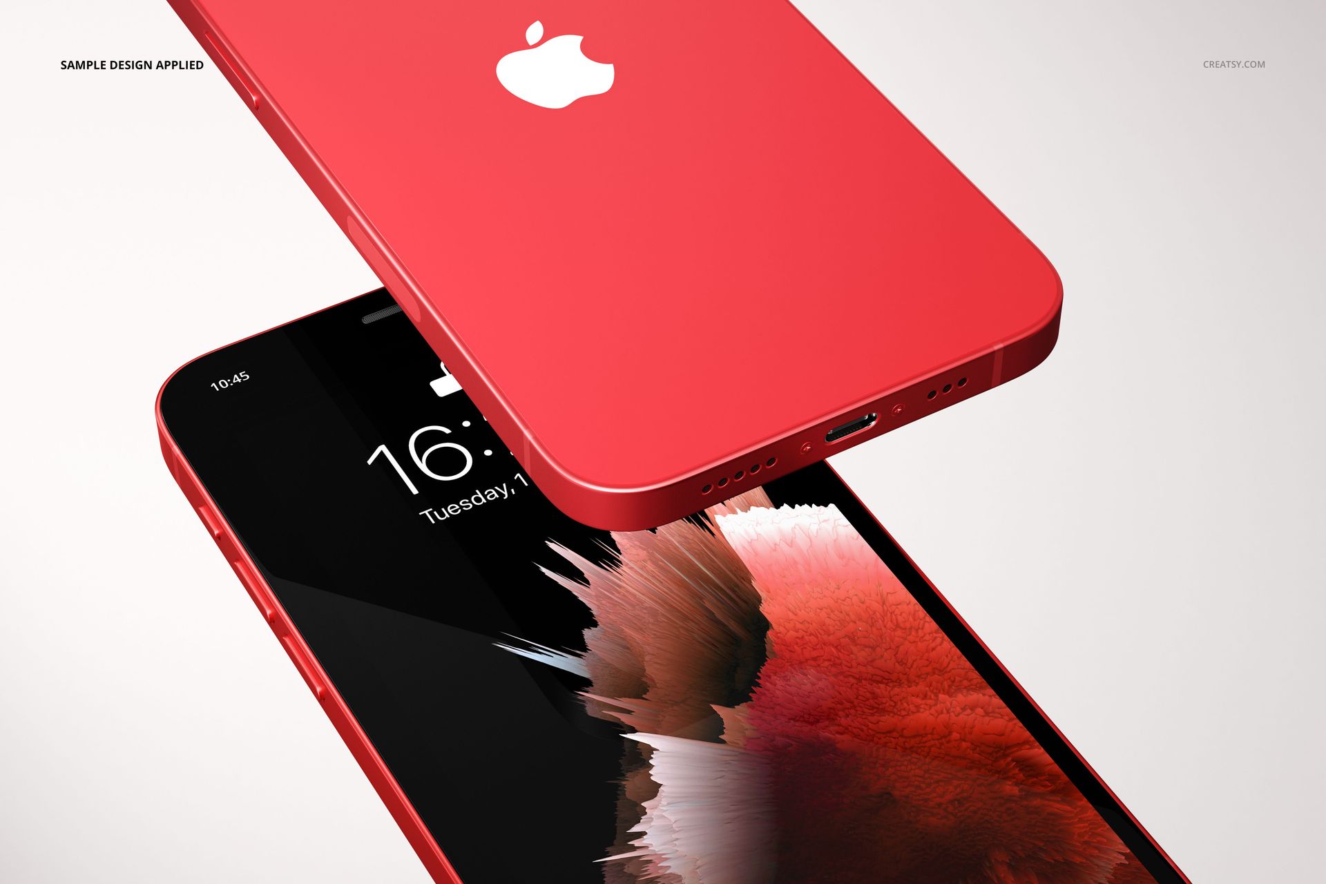 Close-up of red iPhone 12 mockup with abstract design on screen, showing both front and back sides in a minimal scene.