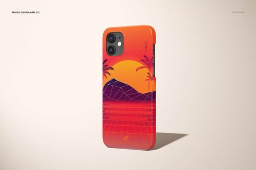 Glossy iPhone 12 case with a vibrant sunset design, featuring palm trees and geometric mountains, standing upright.