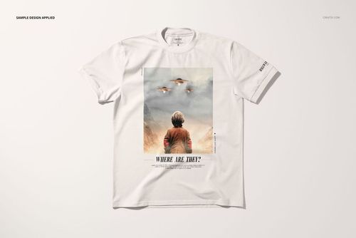 Front view of an oversized white t-shirt mockup with a colorful illustration and text design centered on the chest.