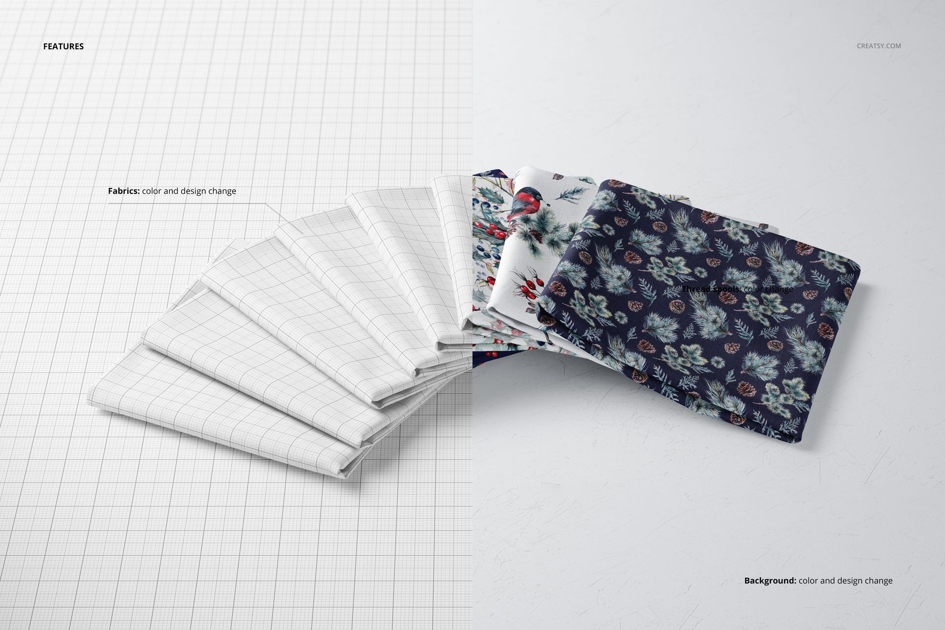 PSD mockup of multiple folded textiles, including white grid and dark floral prints, laid out on a split white and gray surface.