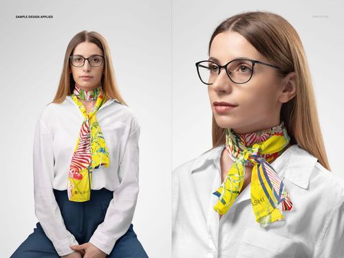 Colorful 25x140cm chiffon silk scarf mockup displayed on model wearing a white shirt, front and close-up views.