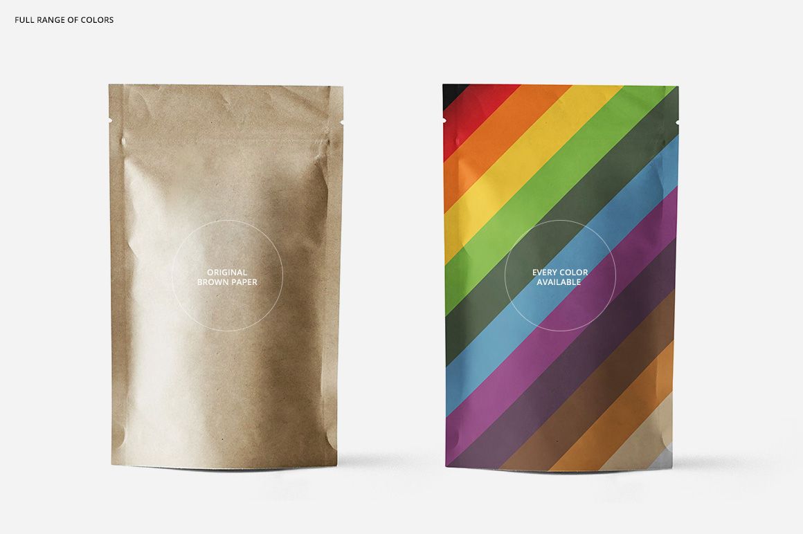 Paper bag PSD mockup set showing a natural brown bag and a vibrant multicolor striped bag against a neutral backdrop.