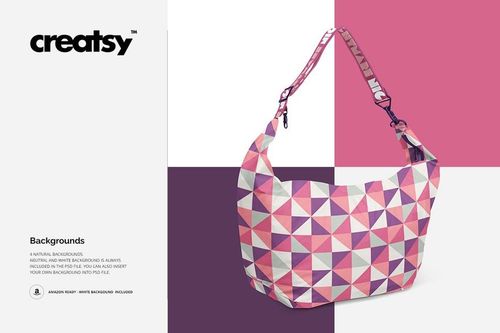 PSD mockup of a crescent bag featuring a colorful geometric design in shades of pink and purple, displayed on a white and purple backdrop.