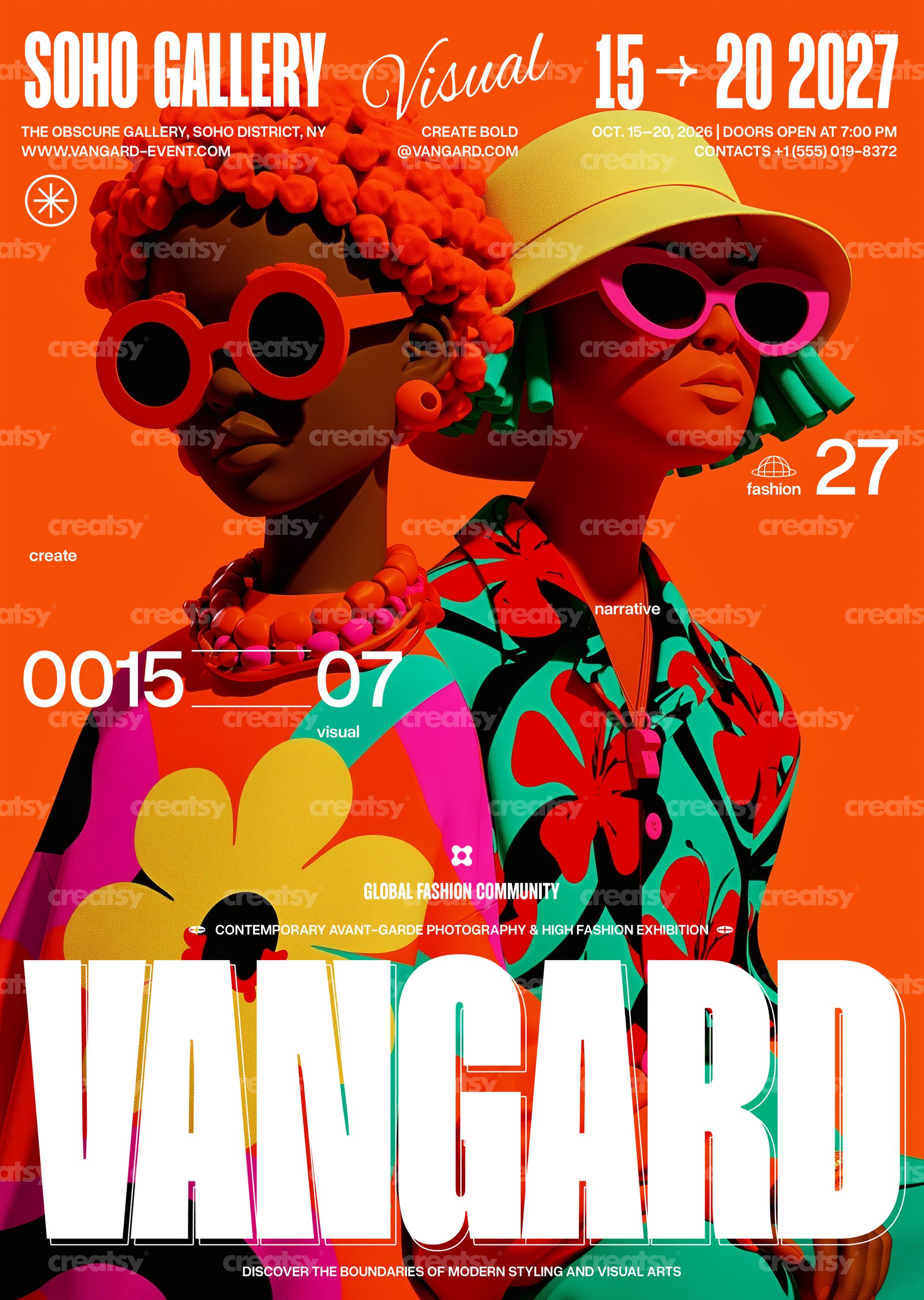Front view of a vibrant poster mockup featuring two figures in bold, colorful outfits and sunglasses against an orange background.