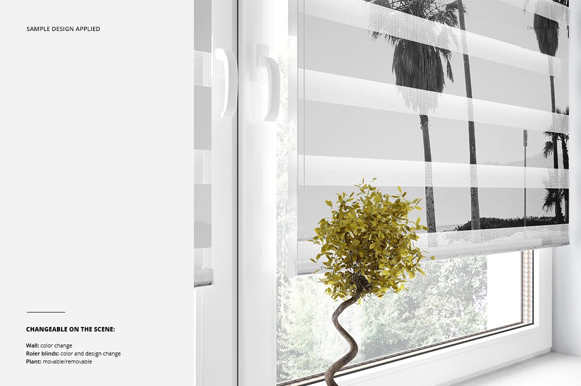 Roller blind mockup featuring horizontal striped curtain with palm tree print, shown in a modern window setting.