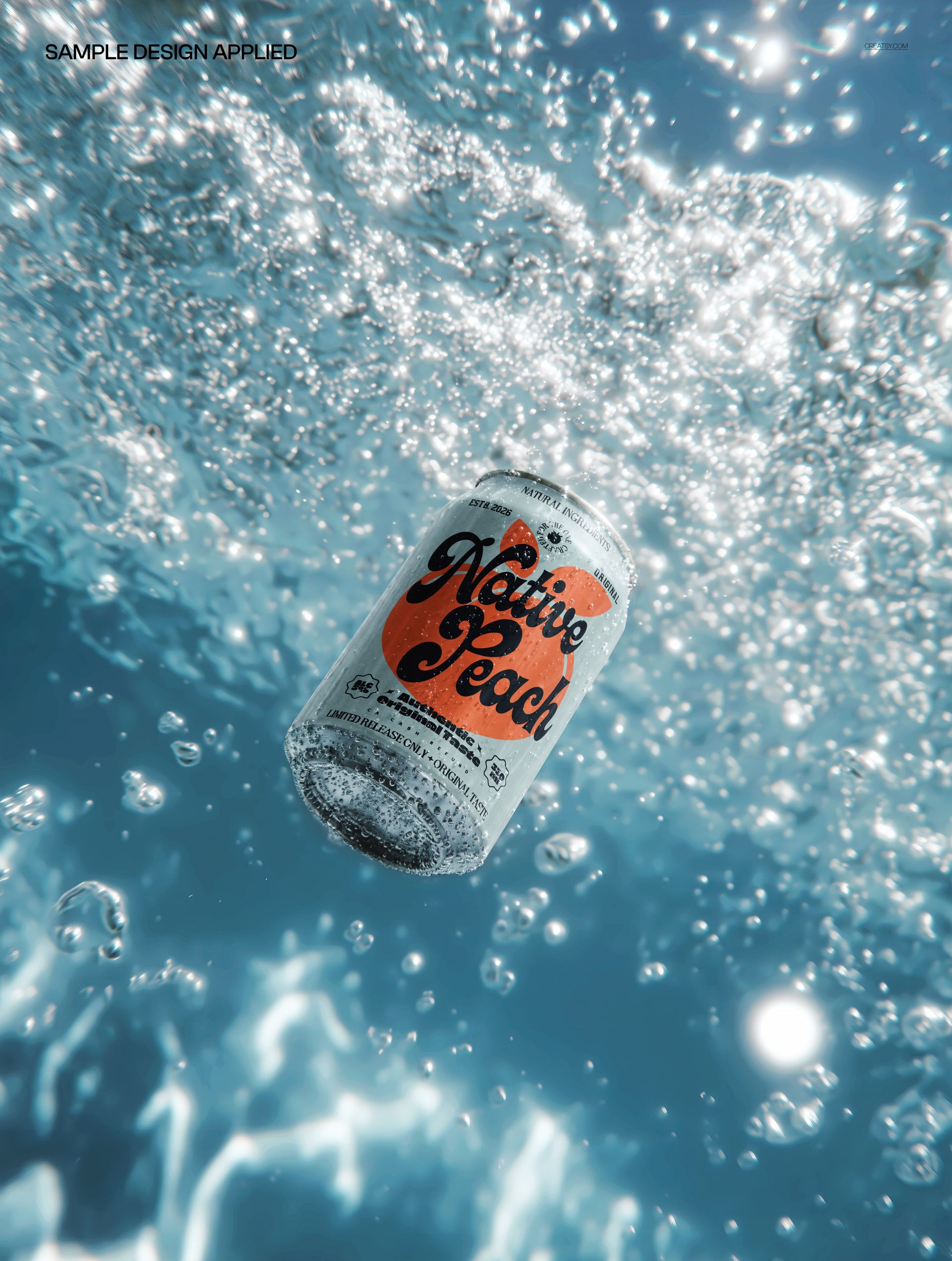 PSD mockup of a beverage can floating underwater with visible bubbles and blue sparkling water background.