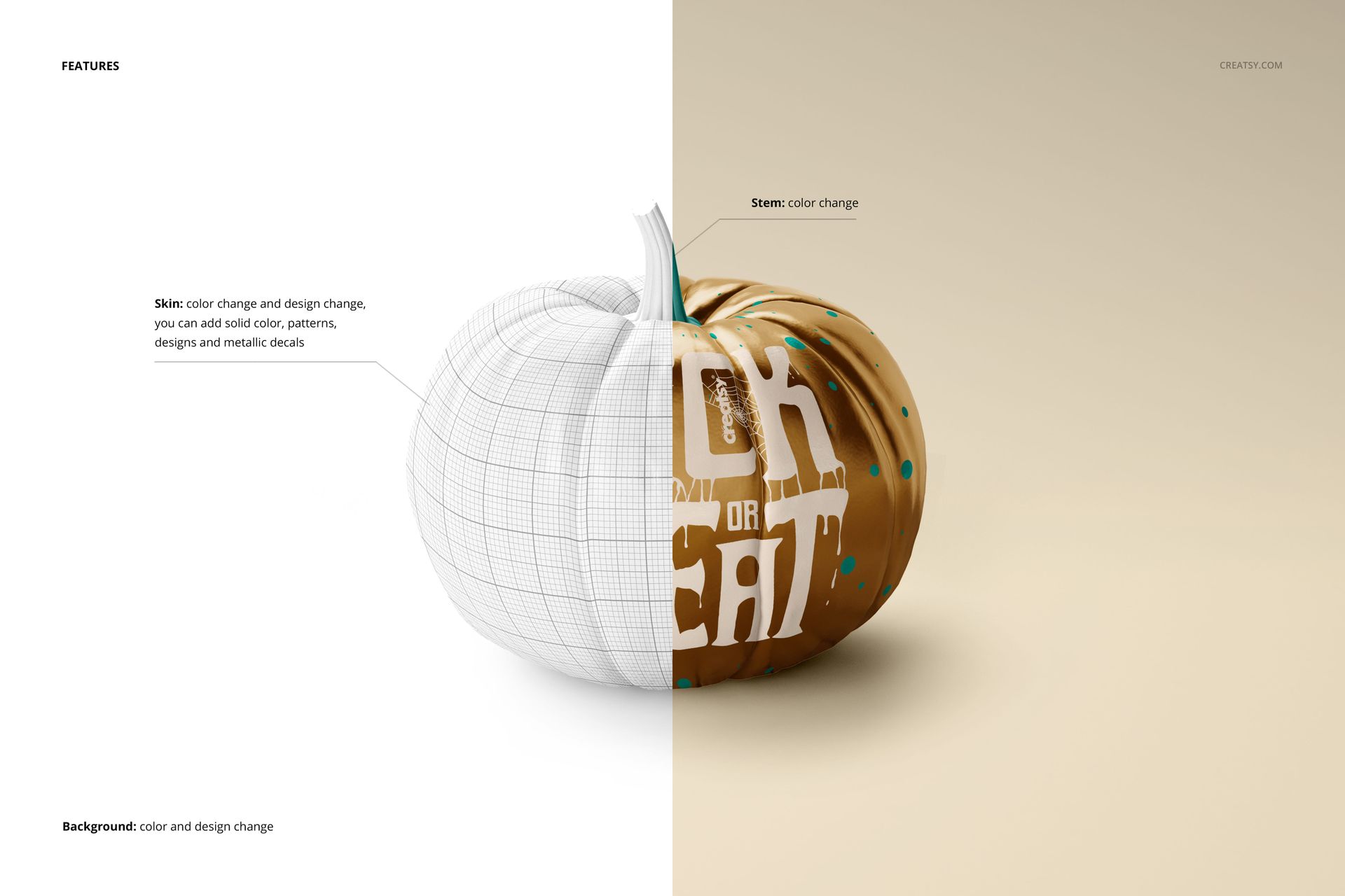 Front view of a pumpkin mockup split in half, showing wireframe texture on the left and orange design with white text on the right.