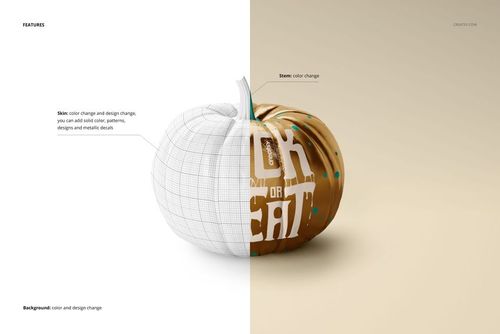 Front view of a pumpkin mockup split in half, showing wireframe texture on the left and orange design with white text on the right.