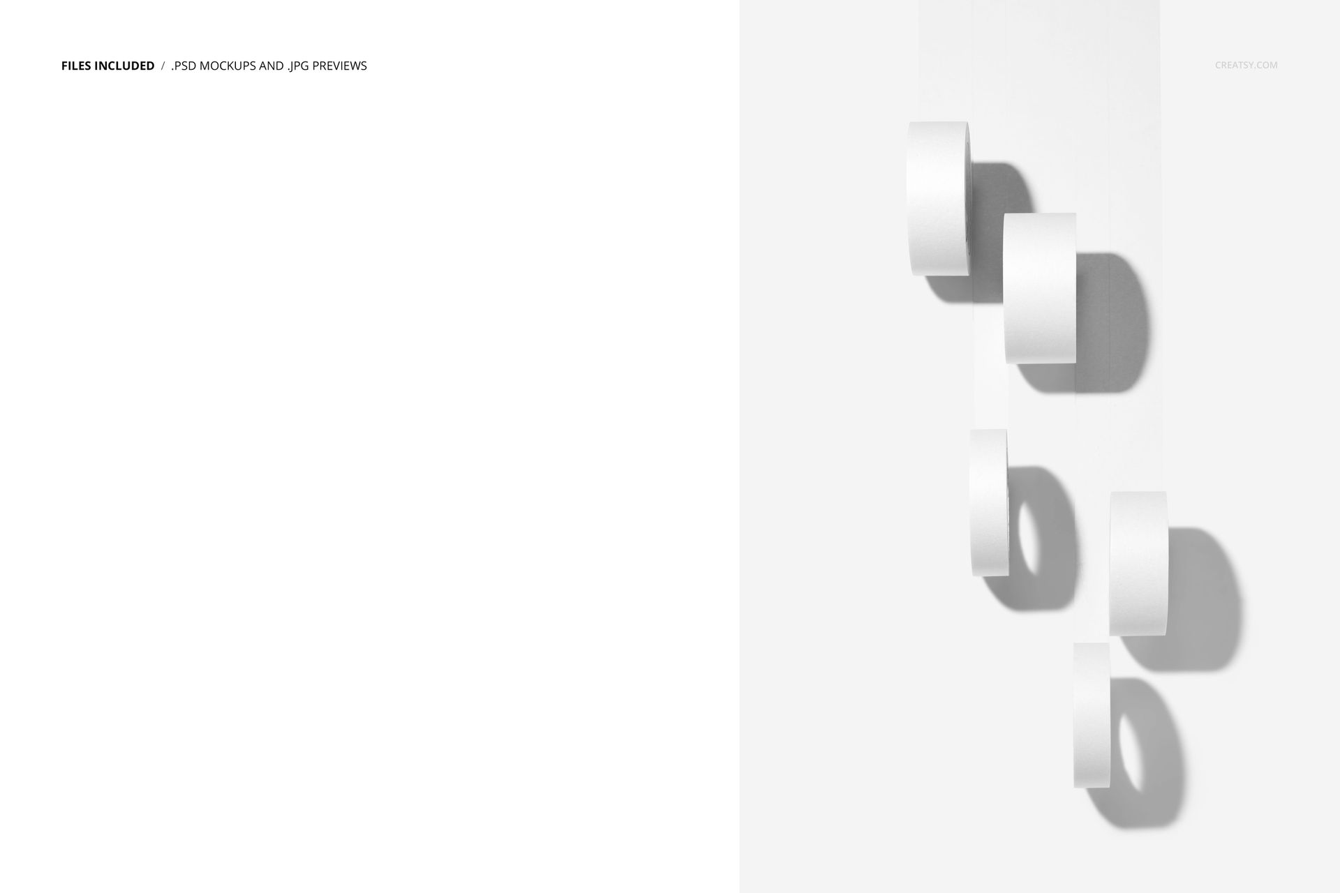 Mockup of multiple packaging tape rolls in white, displayed in a row with clear shadows on a minimalist setting.