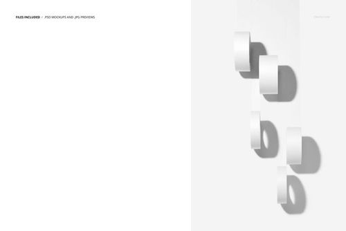 Mockup of multiple packaging tape rolls in white, displayed in a row with clear shadows on a minimalist setting.