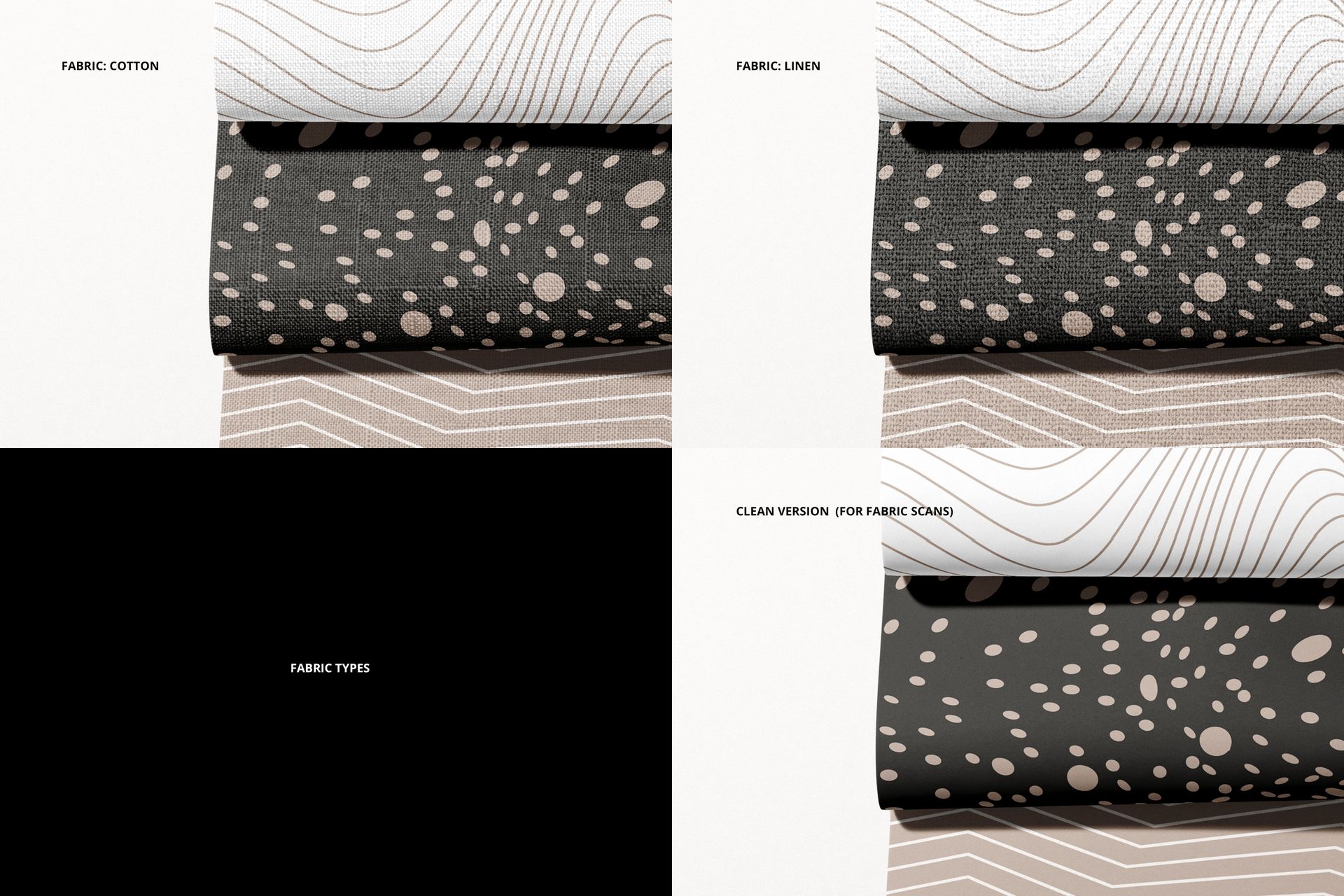 Top view of a fabric mockup set featuring cotton and linen swatches with dotted and wavy line designs in beige and black.