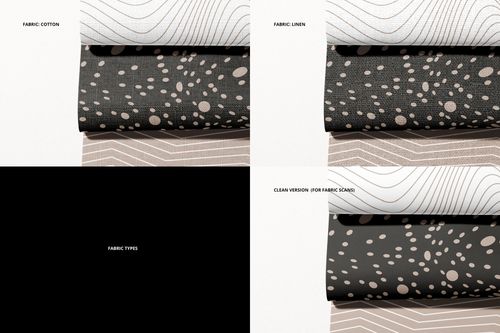 Top view of a fabric mockup set featuring cotton and linen swatches with dotted and wavy line designs in beige and black.
